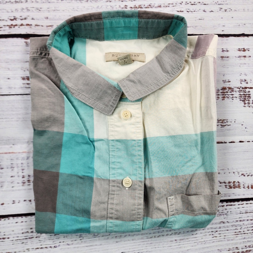 Burberry Brit Shirt Womens S Exploded Mega Check Aqua Turquoise Cotton SS